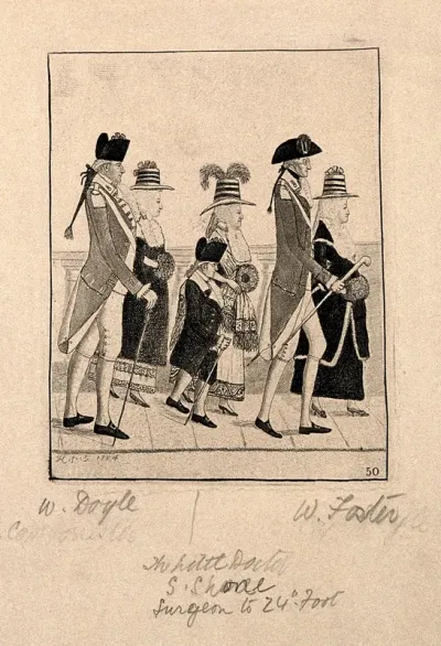 William Doyle, Samuel Sone, and William Foster, walking on the North Bridge in Edinburgh, in uniform, each with a lady