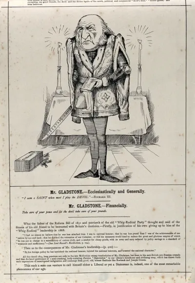 William E. Gladstone in a church, in front of an altar, dressed as Richard III. Engraving, ca. 1880