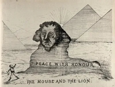 William Gladstone about to hit with a hammer the statue of Disraeli as a sphinx; pyramids in the background