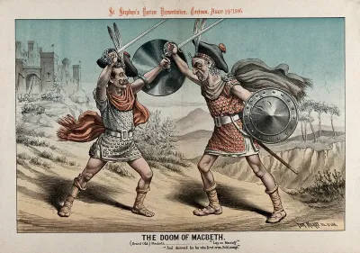 William Gladstone as Macbeth is fighting with a younger man as Macduff