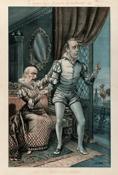 William Gladstone, dressed as Juliet, is sobbing at the departure of Joseph Chamberlain, dressed as Romeo, who is about to leave through the window
