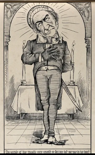 William Gladstone in a church, a halo around his head, holding a sword lettered "Disestablishment" behind his back