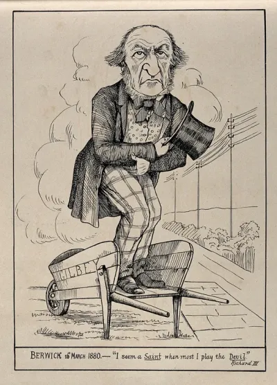 William Gladstone standing in a wheelbarrow