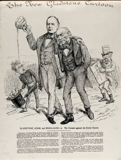 William Gladstone with Charles Bradlaugh who is splilling the content of a cup on which is written "Fruits of philosophy Bradlaugh" on to Rosebery's face; William Adam is shown behind