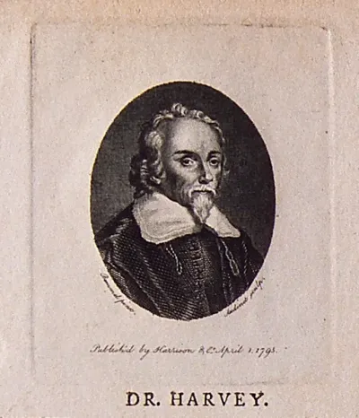 William Harvey. Stipple engraving by P. Audinet, 1795, after W. von Bemmel, 1657