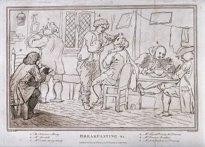 William Hogarth making a drawing of his companions and himself as they shave and take their breakfast