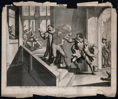 William I, Prince of Orange is shot by the assassin Balthasar Gérard in the Prinsenhof at Delft in 1584