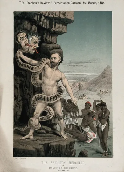 William Marriott, member of Parliament for Brighton, as Hercules fighting a two-headed hydra with the faces of W.E