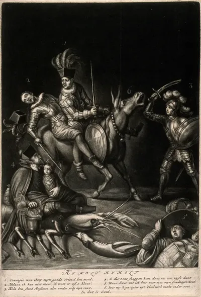 William of Orange attacks Louis XIV and James II, who are riding on an ass; Father Petre, confessor to the queen of England, rides on a lobster with the infant Old Pretender; Cardinal Faustenburg falls off a tortoise