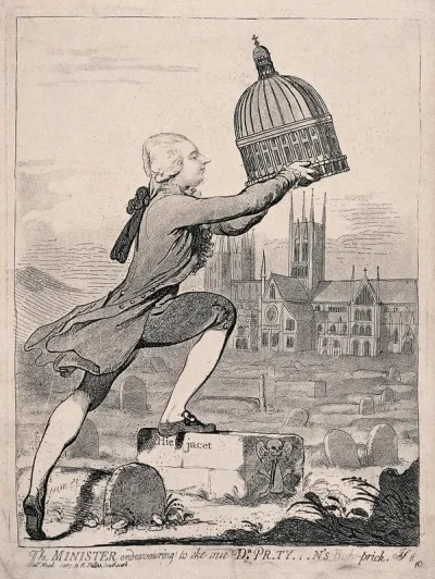 William Pitt the younger places the dome of St Paul's Cathedral over Lincoln Cathedral; representing Pitt's appointment of George Pretyman (Bishop of Lincoln) as also dean of St Paul's