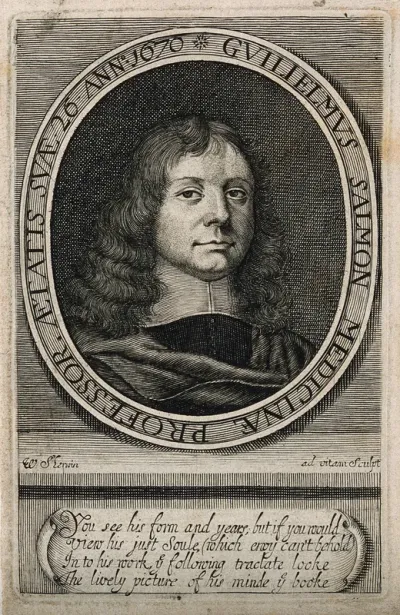 William Salmon. Line engraving by W. Sherwin, 1671, after himself