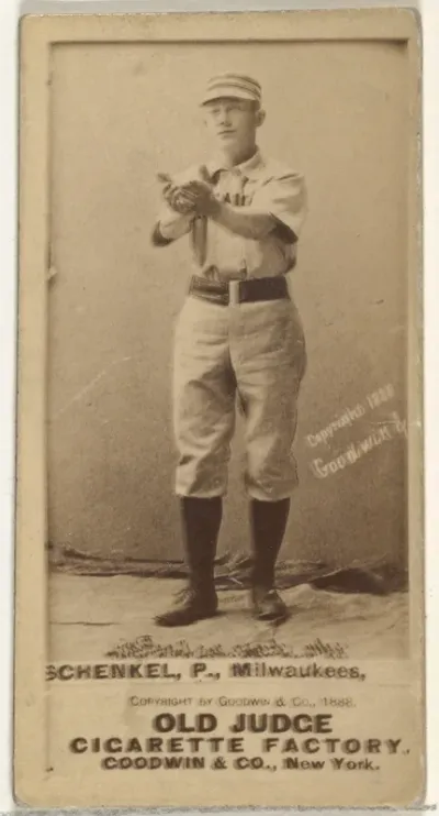 William Shenkel, Pitcher, Milwaukee, from the Old Judge series (N172) for Old Judge Cigarettes