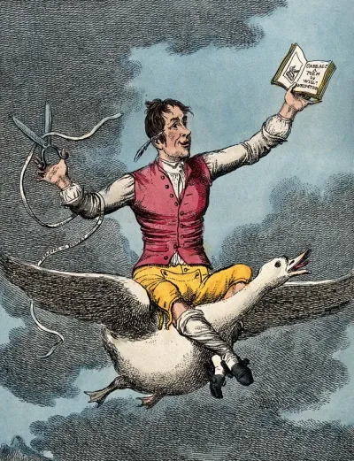 William Taylor, as a tailor holding a pair of scissors in one hand, a tape measure across his arm and a book of poetry in the other hand, riding on the back of a goose