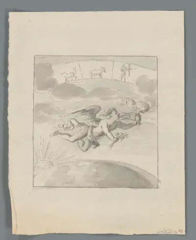 Windgod met de sterrenbeelden leeuw, ram en boogschutter