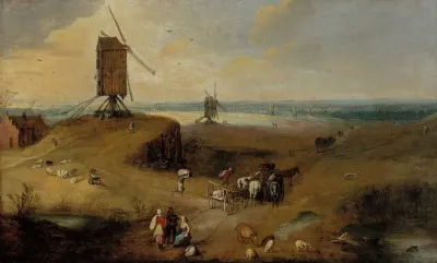 Windmill landscape in Flanders, copy after Jan Brueghel the Elder
