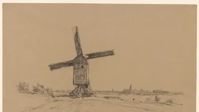 Windmolen, met stad in het verschiet