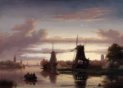 Windmolens aan een waterweg bij maanlicht