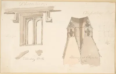 Window at Tewkesbury. Chimney, Chepstow Castle; Bridge at Chepstow (verso)