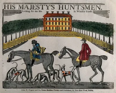 Windsor Forest and Windsor Great Park: two mounted huntsmen with their hounds; in the background, a mansion surrounded by trees