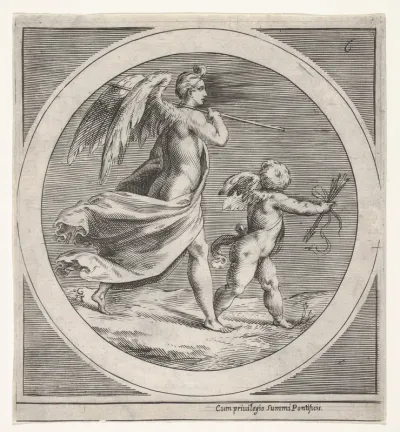 Winged female figure, draped and carrying a staff, striding behind a winged putto, who twists to look over his left shoulder, a round composition