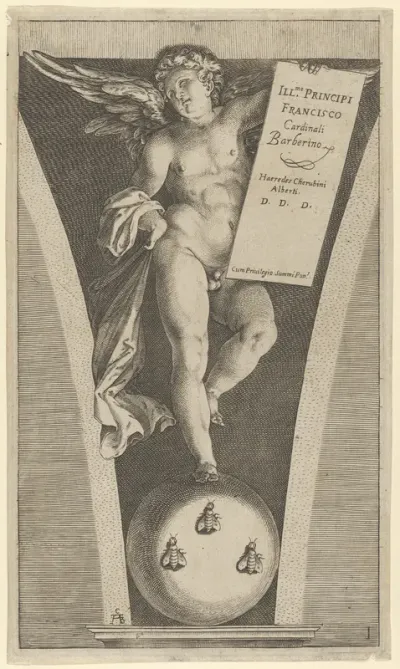 Winged genius holding a tableau, standing on a sphere with three bees