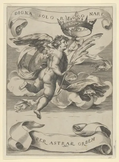 Winged genius holding the Crown of Tuscany in his left hand and a palm in his right