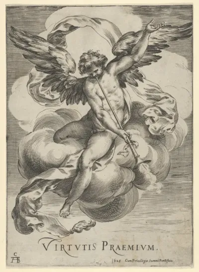 Winged genius seated on a cloud, sounding a trumpet with his left hand extended upwards