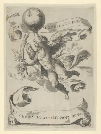 Winged genius with the Arms of the Medici in his right hand and foliage in his left