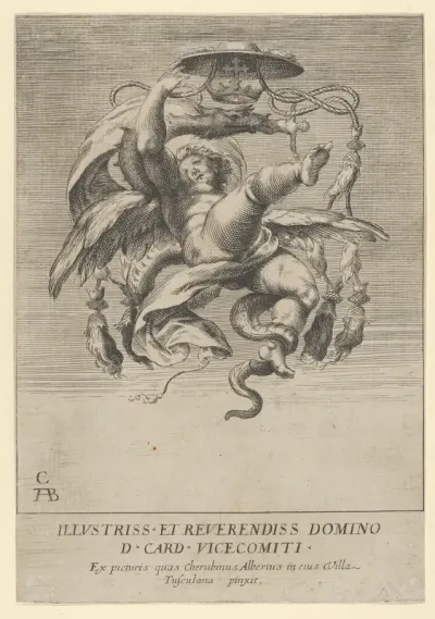 Winged putto holding a cardinal's hat over a dragon head