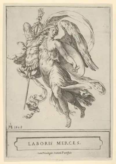 Winged Victory holding a trophy of arms in her right hand and a shield in her left