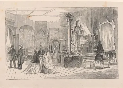 Winkelinterieur met klanten die naar de waren kijken