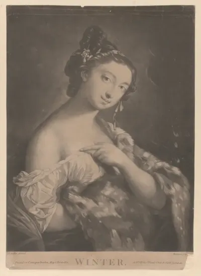 Winter: a woman holding a spotted fur mantle