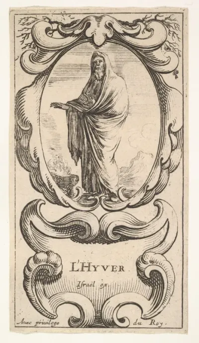 Winter, an old man wrapped in a cloak, warming his hands over a fire on the ground to left, within a cartouche decorated with bare tree limbs, from "The Four Seasons" (Les Quatre Saisons)