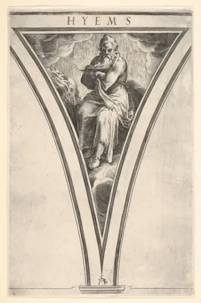 Winter (Hyems), represented as a seated man crossing his arms across his chest, a spandrel-shaped composition from "The Four Seasons"