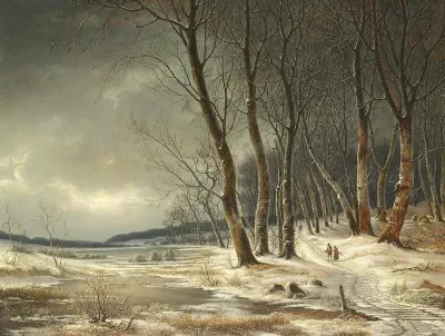 Winter in the woods. A woman and a man on a path, gathering firewood.
