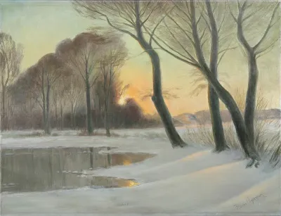 Winter landscape with a pond in the woods.