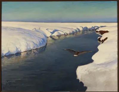 Winter landscape with a river and a bird