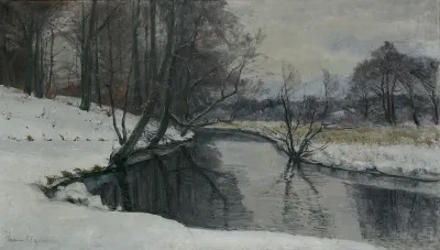 Winter landscape with a river running through the woods.