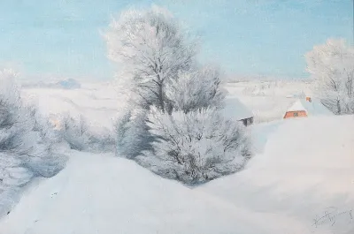 Winter landscape with a snow covered farm.