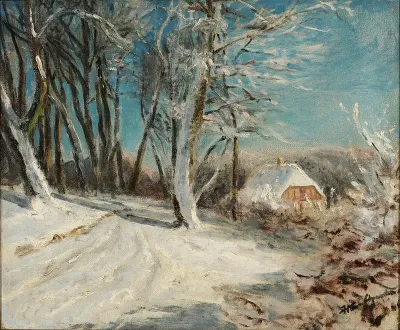 Winter landscape with a snow-covered house.