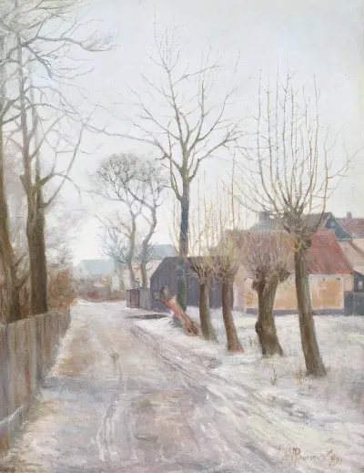 Winter landscape with an avenue and houses.