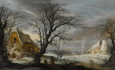 Winter landscape with figures, two peasants gathering wood and two riding a sledge