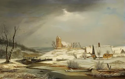 Winter landscape with houses and a church.