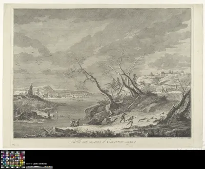 Winter landscape with hunters