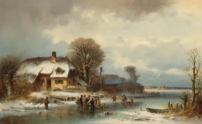 Winter landscape with ice skaters