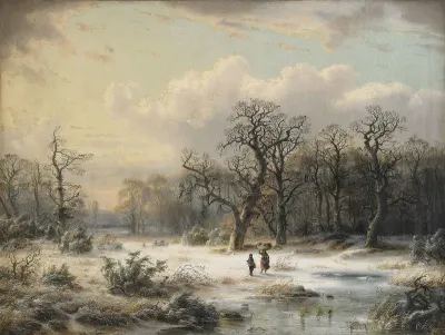 Winter landscape with mother and child
