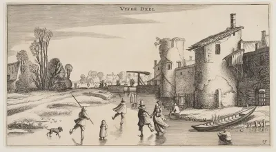 Winter Landscape with Skaters Along a Town-Wall, from Landscapes (Playsante Lantschappen)