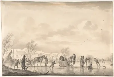 Winter Landscape with Skaters and Horse-Drawn Sledges on the Ice, a Village Below