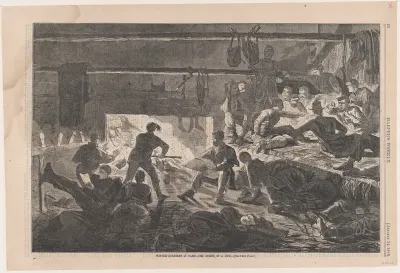 Winter Quarters in Camp – The Inside of a Hut (from "Harper's Weekly," Vol. VII)