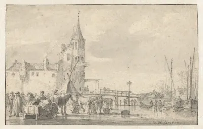 Winter scene near a town gate.